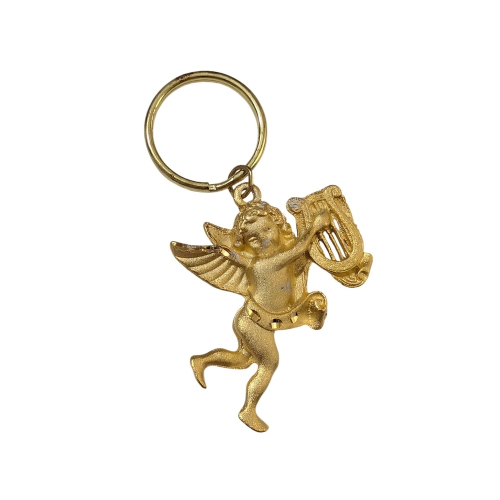 Vintage Gold Tone Cupid Cherub Playing Harp Keychain Angel Winged Charm